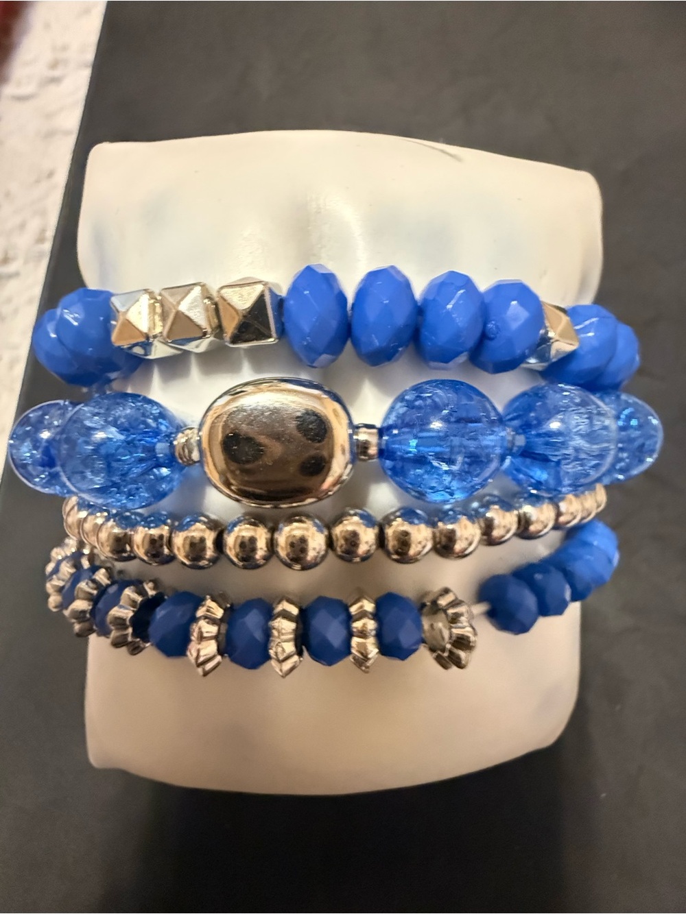 Blue and Silver Beaded Stretch Bracelet Set